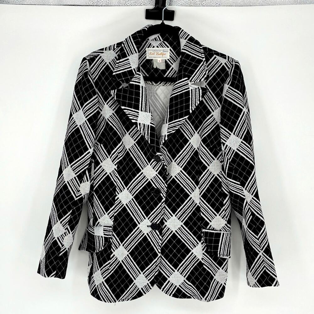 Vtg 70s Sears Women's Black & White Geometric Print 3-Button Blazer - XL